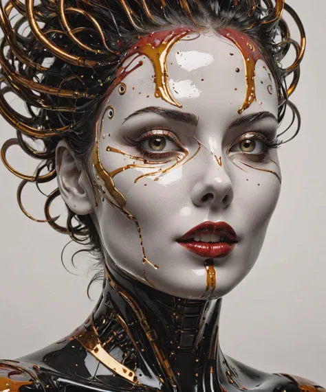 a close up of a woman with a black and gold body paint