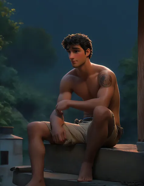 arafed man sitting on a porch with a shirtless body