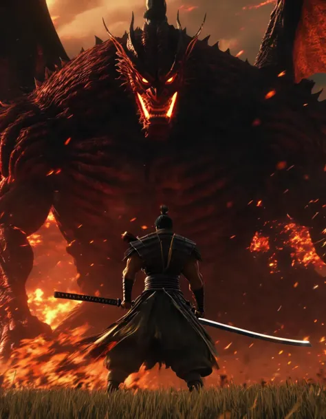 a man standing in front of a giant demon with two swords