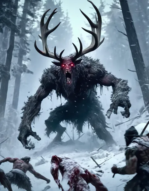 a group of people in the woods with a large monster