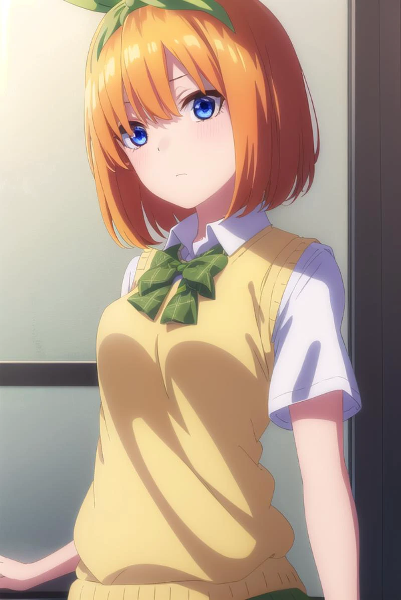 yotsubanakano, yotsuba nakano, bangs, short hair, blue eyes, hair between eyes, hair ribbon, hairband, orange hair, (green ribbon:1.5),
BREAK skirt, shirt, bow, ribbon, , white shirt, short sleeves, pleated skirt, shoes, socks, collared shirt, miniskirt, bowtie, black footwear, kneehighs, green skirt, black socks, loafers, green bow, sweater vest, green ribbon, (yellow sweater vest:1.5),
BREAK indoors, classroom,
BREAK looking at viewer, (cowboy shot:1.5),
BREAK (masterpiece:1.2), best quality, high resolution, unity 8k wallpaper, (illustration:0.8), (beautiful detailed eyes:1.6), extremely detailed face, perfect lighting, extremely detailed CG, (perfect hands, perfect anatomy),