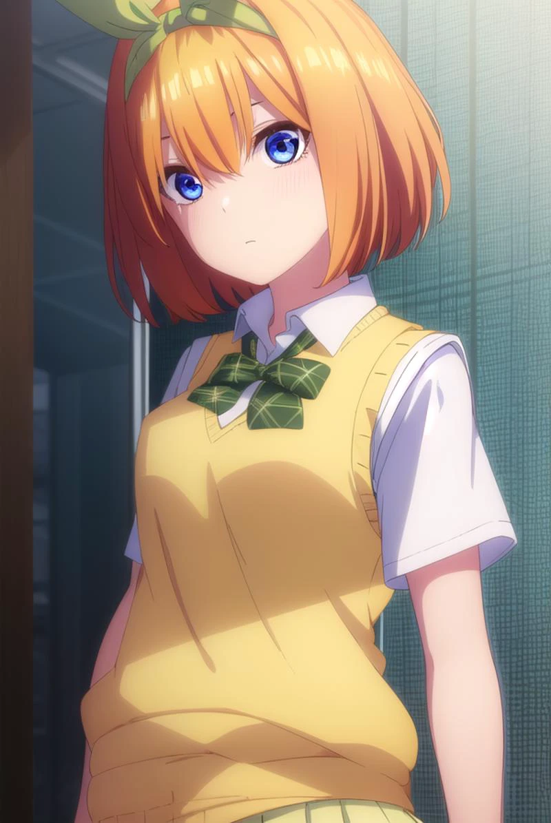 yotsubanakano, yotsuba nakano, bangs, short hair, blue eyes, hair between eyes, hair ribbon, hairband, orange hair, (green ribbon:1.5),
BREAK skirt, shirt, bow, ribbon, , white shirt, short sleeves, pleated skirt, shoes, socks, collared shirt, miniskirt, bowtie, black footwear, kneehighs, green skirt, black socks, loafers, green bow, sweater vest, green ribbon, (yellow sweater vest:1.5),
BREAK indoors, classroom,
BREAK looking at viewer, (cowboy shot:1.5),
BREAK (masterpiece:1.2), best quality, high resolution, unity 8k wallpaper, (illustration:0.8), (beautiful detailed eyes:1.6), extremely detailed face, perfect lighting, extremely detailed CG, (perfect hands, perfect anatomy),