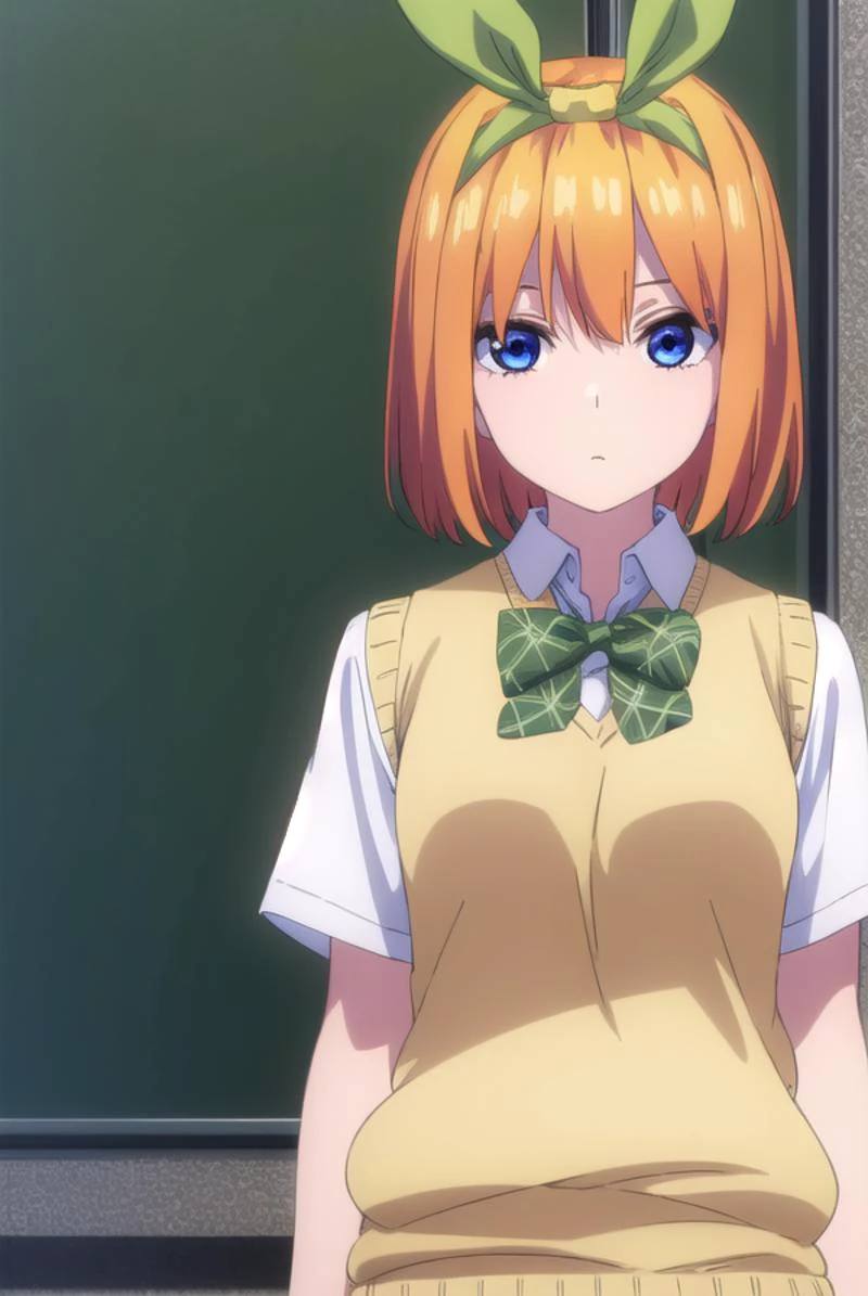 yotsubanakano, yotsuba nakano, bangs, short hair, blue eyes, hair between eyes, hair ribbon, hairband, orange hair, (green ribbon:1.5),
BREAK skirt, shirt, bow, ribbon, , white shirt, short sleeves, pleated skirt, shoes, socks, collared shirt, miniskirt, bowtie, black footwear, kneehighs, green skirt, black socks, loafers, green bow, sweater vest, green ribbon, (yellow sweater vest:1.5),
BREAK indoors, classroom,
BREAK looking at viewer, (cowboy shot:1.5),
BREAK (masterpiece:1.2), best quality, high resolution, unity 8k wallpaper, (illustration:0.8), (beautiful detailed eyes:1.6), extremely detailed face, perfect lighting, extremely detailed CG, (perfect hands, perfect anatomy),