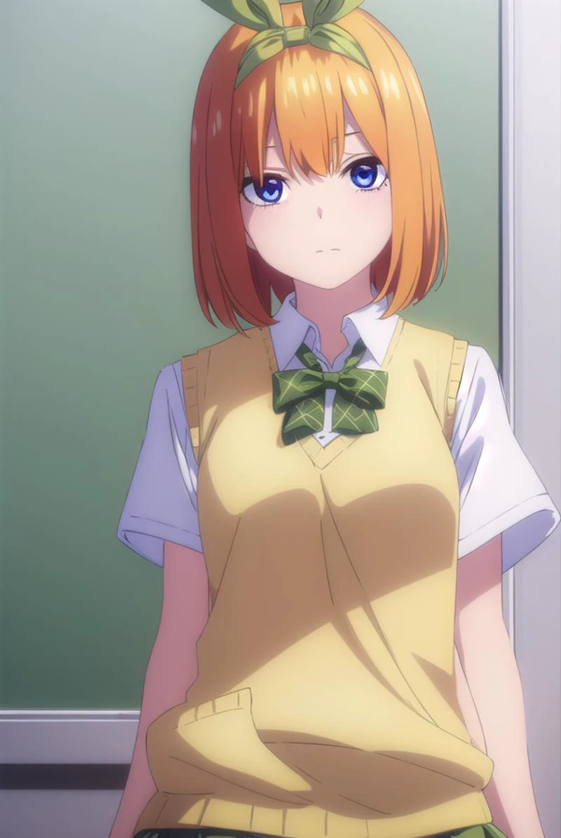 yotsubanakano, yotsuba nakano, bangs, short hair, blue eyes, hair between eyes, hair ribbon, hairband, orange hair, (green ribbon:1.5),
BREAK skirt, shirt, bow, ribbon, , white shirt, short sleeves, pleated skirt, shoes, socks, collared shirt, miniskirt, bowtie, black footwear, kneehighs, green skirt, black socks, loafers, green bow, sweater vest, green ribbon, (yellow sweater vest:1.5),
BREAK indoors, classroom,
BREAK looking at viewer, (cowboy shot:1.5),
BREAK (masterpiece:1.2), best quality, high resolution, unity 8k wallpaper, (illustration:0.8), (beautiful detailed eyes:1.6), extremely detailed face, perfect lighting, extremely detailed CG, (perfect hands, perfect anatomy),