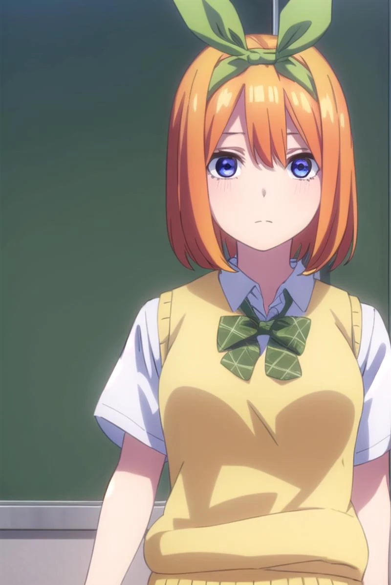 yotsubanakano, yotsuba nakano, bangs, short hair, blue eyes, hair between eyes, hair ribbon, hairband, orange hair, (green ribbon:1.5),
BREAK skirt, shirt, bow, ribbon, , white shirt, short sleeves, pleated skirt, shoes, socks, collared shirt, miniskirt, bowtie, black footwear, kneehighs, green skirt, black socks, loafers, green bow, sweater vest, green ribbon, (yellow sweater vest:1.5),
BREAK indoors, classroom,
BREAK looking at viewer, (cowboy shot:1.5),
BREAK (masterpiece:1.2), best quality, high resolution, unity 8k wallpaper, (illustration:0.8), (beautiful detailed eyes:1.6), extremely detailed face, perfect lighting, extremely detailed CG, (perfect hands, perfect anatomy),