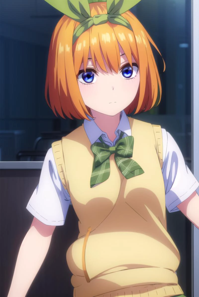 yotsubanakano, yotsuba nakano, bangs, short hair, blue eyes, hair between eyes, hair ribbon, hairband, orange hair, (green ribbon:1.5),
BREAK skirt, shirt, bow, ribbon, , white shirt, short sleeves, pleated skirt, shoes, socks, collared shirt, miniskirt, bowtie, black footwear, kneehighs, green skirt, black socks, loafers, green bow, sweater vest, green ribbon, (yellow sweater vest:1.5),
BREAK indoors, classroom,
BREAK looking at viewer, (cowboy shot:1.5),
BREAK (masterpiece:1.2), best quality, high resolution, unity 8k wallpaper, (illustration:0.8), (beautiful detailed eyes:1.6), extremely detailed face, perfect lighting, extremely detailed CG, (perfect hands, perfect anatomy),