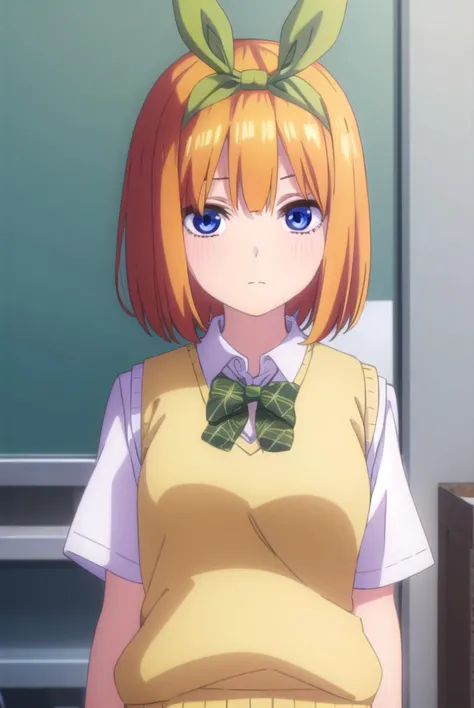 yotsubanakano, <lora:yotsubanakanospecial-lora-nochekaiser:1>, 
yotsuba nakano, bangs, short hair, blue eyes, hair between eyes, hair ribbon, hairband, orange hair, (green ribbon:1.5),
BREAK skirt, shirt, bow, ribbon, school uniform, white shirt, short sleeves, pleated skirt, shoes, socks, collared shirt, miniskirt, bowtie, black footwear, kneehighs, green skirt, black socks, loafers, green bow, sweater vest, green ribbon, (yellow sweater vest:1.5),
BREAK indoors, classroom,
BREAK looking at viewer, (cowboy shot:1.5),
BREAK <lyco:GoodHands-beta2:1>, (masterpiece:1.2), best quality, high resolution, unity 8k wallpaper, (illustration:0.8), (beautiful detailed eyes:1.6), extremely detailed face, perfect lighting, extremely detailed CG, (perfect hands, perfect anatomy),