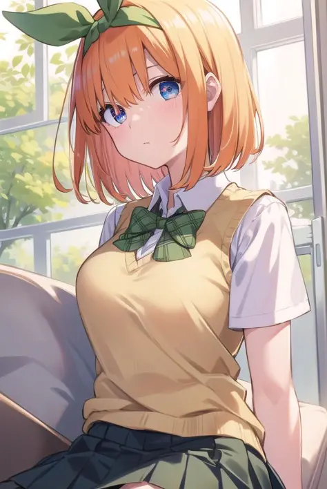 yotsubanakano, yotsuba nakano, bangs, short hair, blue eyes, hair between eyes, hair ribbon, hairband, orange hair, green ribbon,
BREAK skirt, shirt, bow, ribbon, , white shirt, short sleeves, pleated skirt, shoes, socks, collared shirt, miniskirt, bowtie, black footwear, kneehighs, green skirt, black socks, loafers, green bow, sweater vest, green ribbon,,
BREAK indoors, classroom,
BREAK looking at viewer, BREAK (masterpiece:1.2), best quality, high resolution, unity 8k wallpaper, (illustration:0.8), (beautiful detailed eyes:1.6), extremely detailed face, perfect lighting, extremely detailed CG, (perfect hands, perfect anatomy),