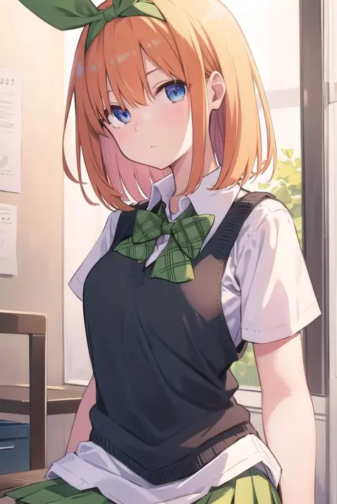 yotsubanakano, yotsuba nakano, bangs, short hair, blue eyes, hair between eyes, hair ribbon, hairband, orange hair, green ribbon,
BREAK skirt, shirt, bow, ribbon, , white shirt, short sleeves, pleated skirt, shoes, socks, collared shirt, miniskirt, bowtie, black footwear, kneehighs, green skirt, black socks, loafers, green bow, sweater vest, green ribbon,,
BREAK indoors, classroom,
BREAK looking at viewer, BREAK (masterpiece:1.2), best quality, high resolution, unity 8k wallpaper, (illustration:0.8), (beautiful detailed eyes:1.6), extremely detailed face, perfect lighting, extremely detailed CG, (perfect hands, perfect anatomy),