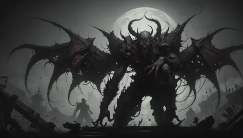 a dark demonic creature with red eyes standing in front of a full moon