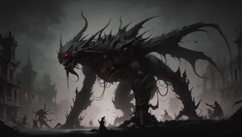 a large demonic creature with red eyes standing in front of a city