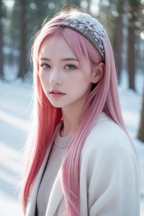 a woman with pink hair and a white sweater is standing in the snow