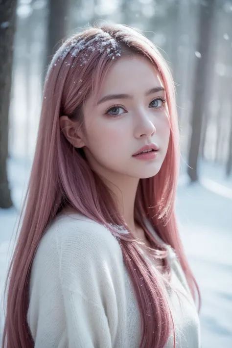 a woman with pink hair and a white sweater in the snow