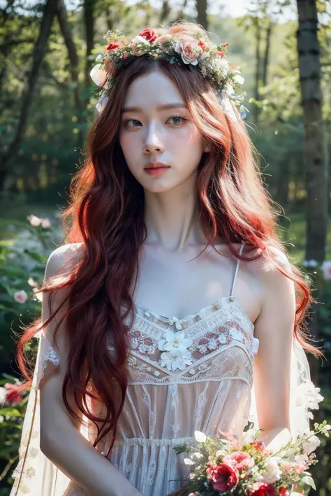 a woman with long red hair wearing a white dress and a flower crown