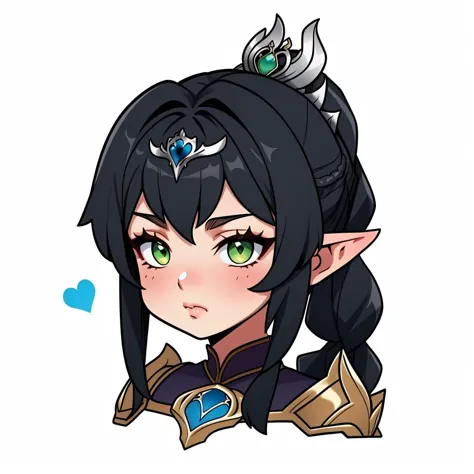 <lora:Style_ChibiEmote:1>  pout,<lora:Char_bg3-ShadowheartbyDocS-LORA:0.8> dsshadowheart, black hair, long hair, ponytail, bangs, braid, hair ornament, pointy ears, green eyes, circlet, silver armor, silver breastplate, pauldrons