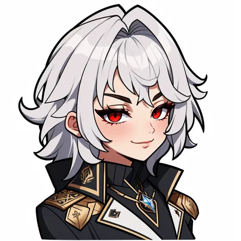 <lora:Style_ChibiEmote:1> smug, <lora:Char_bg3-Astarion:0.8> astarion, red eyes, silver hair, [coat|jacket], high collar, brooch