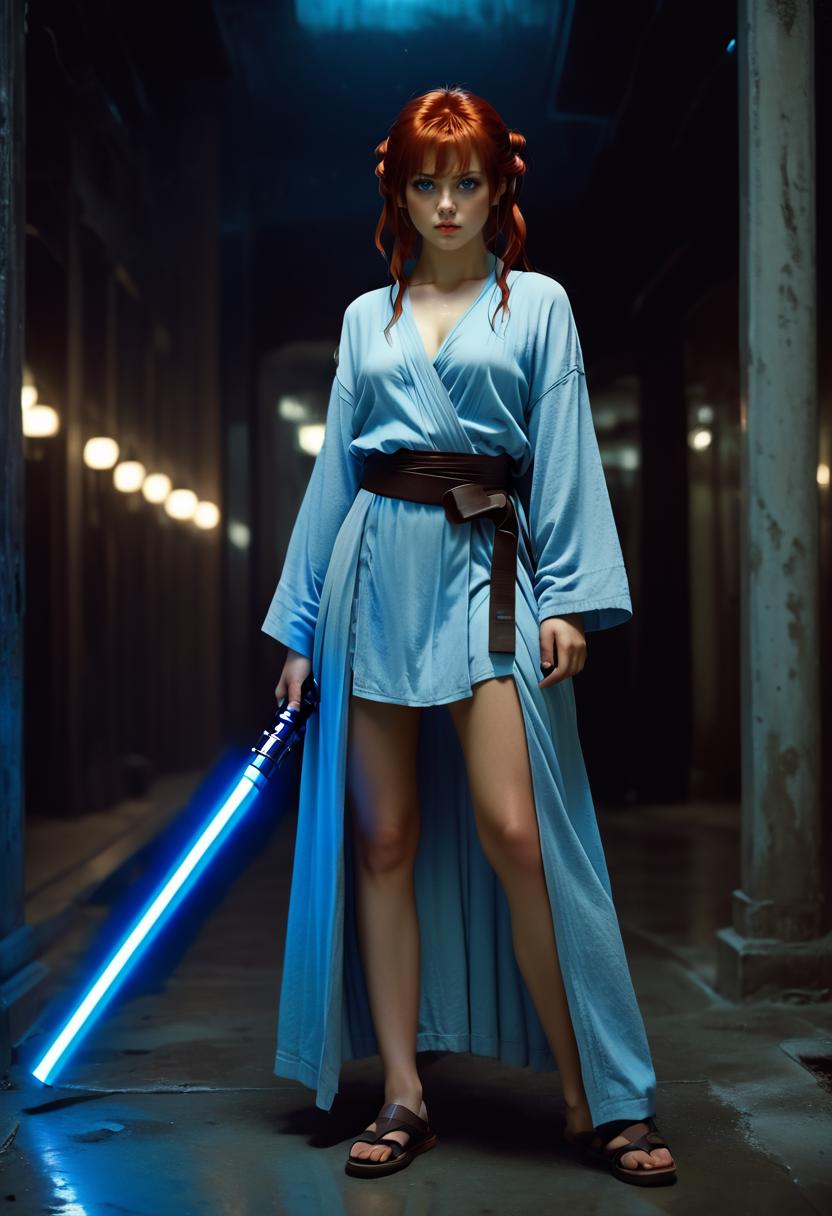 A woman in a blue robe holding a blue light saber - SeaArt AI