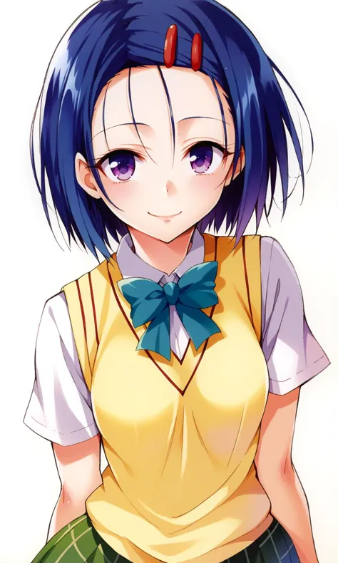 anime girl with blue hair and yellow shirt and green skirt