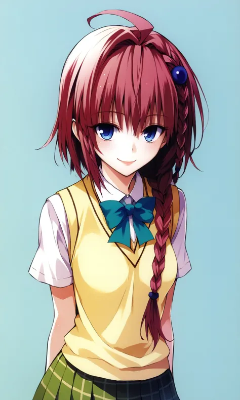 anime girl with long red hair and school uniform posing for a picture