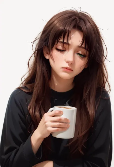 A close-up of a dishevelled girl holding a mug with messy hair, eyes half closed, looking tired, sleepy, long sleeves, white bac...