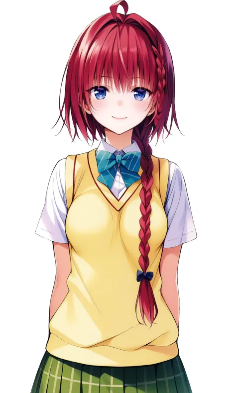 anime girl with red hair and green skirt and yellow vest