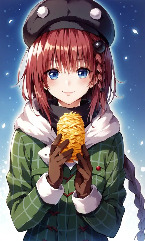 anime girl with red hair holding a piece of food in her hands