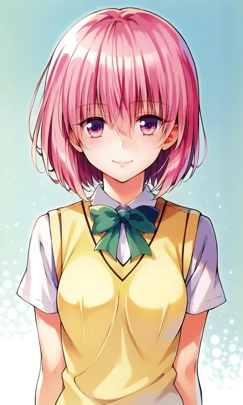 anime girl with pink hair and a yellow vest and green bow