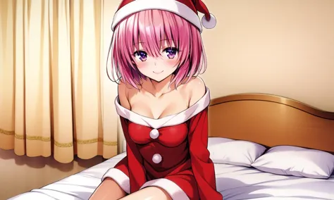 anime girl in santa outfit sitting on bed with white sheets