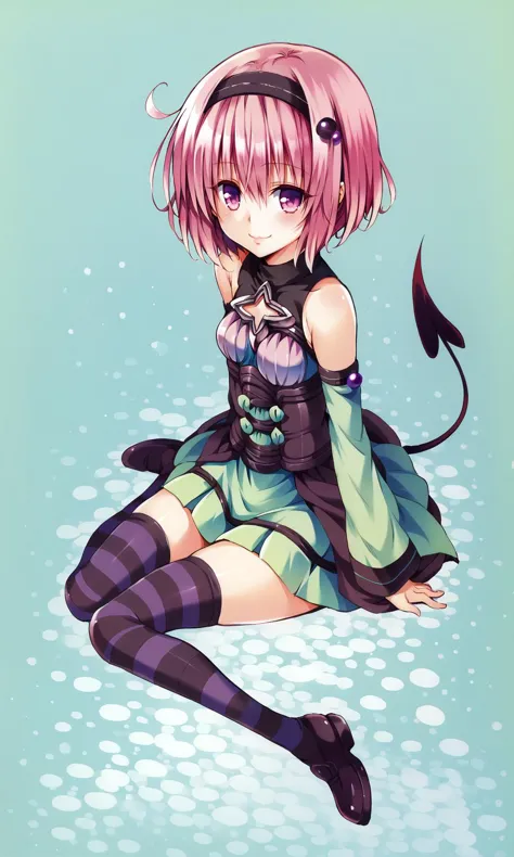 a girl with pink hair and a cat tail sitting on the ground