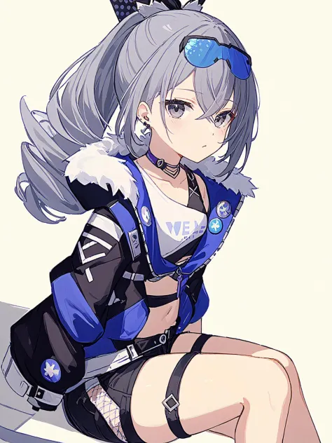 <lora:silver_wolf:1>,1girl, solo, jacket, grey_eyes, grey_hair, gloves, fingerless_gloves, black_jacket, sitting, shorts, black_...