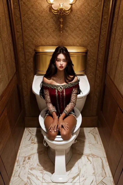 araffe woman sitting on a toilet in a bathroom with a gold trimming