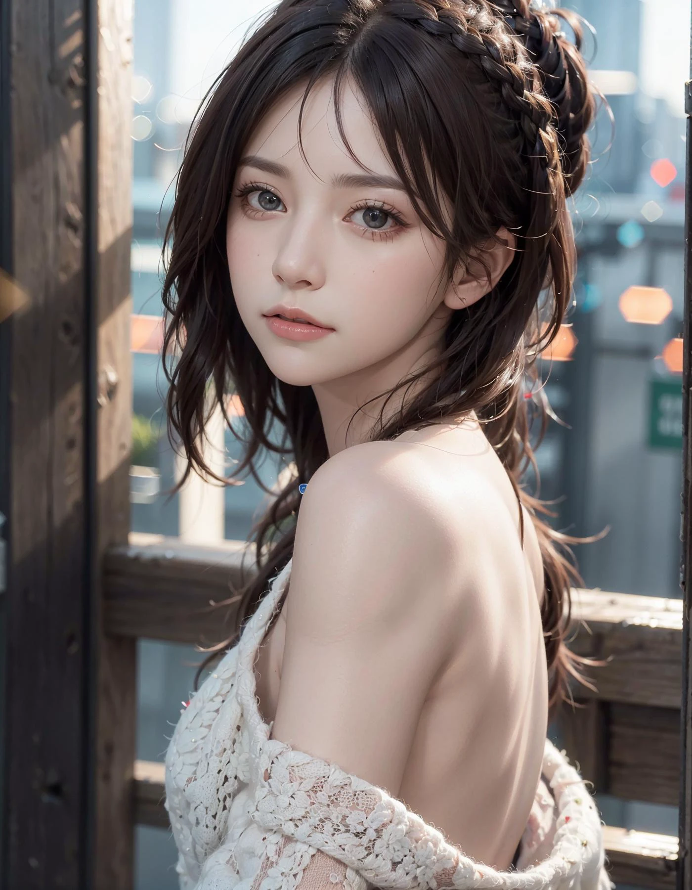 8k, RAW photo, best quality, masterpiece, high detail RAW color photo, professional photograph, (realistic, photorealistic:1.37), (high detailed skin:1.2), high resolution, beautiful detailed eyes, (hard focus:1.4), (sharp focus:1.4),
realistic , (8K UHD:1.2) , photoreaslistic
High quality shadow, 
parted_lips, slender face,
(wavy hair), Half-up top knot, Crown braid, Pink eye color, suggestive look,
(extremeface closeup),  pov, (((depth of field))), pale and lustrous skin, 
Cropped cowl neck sweater,
30yo teen age,
buruma,
Rooftop,
bokeh, lens flare, (vignette:0.8), dramatic lighting, cinematic lighting, back light, professional lighting, physically-based rendering, ulzzang-6500-v1.1, pureerosface_v1.