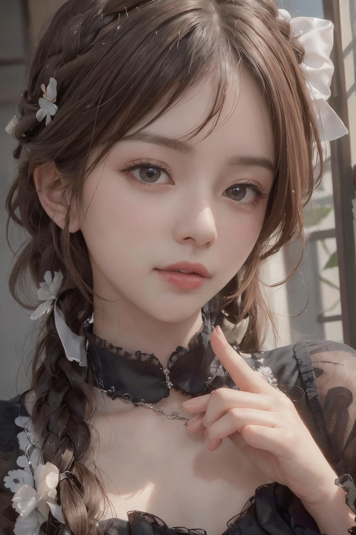 best quality, ultra hi res, photoreaslistic, a photography of a beautiful woman, 30yo teen age, detailed face, black Messy fishtail braid, (detailed porcelain doll,delicate clothes with a lot of frills and ribbons), Beach, (face close up), seductive look, looking at viewer