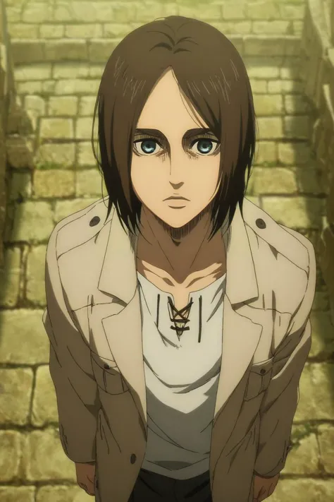 score_9, score_8_up, score_7_up, source_anime, rating_safe, intricate details, anime screencap, , official style, looking at viewer, , 1boy, solo, male focus, <lora:eren_yeager_s4_pony:1>, eren_yeager_s4, brown hair, blue eyes, medium hair, from above, ancient ruins, day, clouds, arm support, giggling, trench coat,, <lora:sdxl_lightning_8step_lora:1>