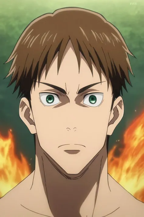 score_9, score_8_up, score_7_up, source_anime, rating_safe, , anime screencap, anime coloring, , looking at viewer, upper body, , 1boy, male focus, <lora:Eren_Yeager_PonyXL:0.72>, eren_yeager, brown hair, green eyes, solo, fire, <lora:jujutsu_kaisen_style_pony:0.98>, jujutsu_kaisen_style, <lora:sdxl_lightning_8step_lora:1>