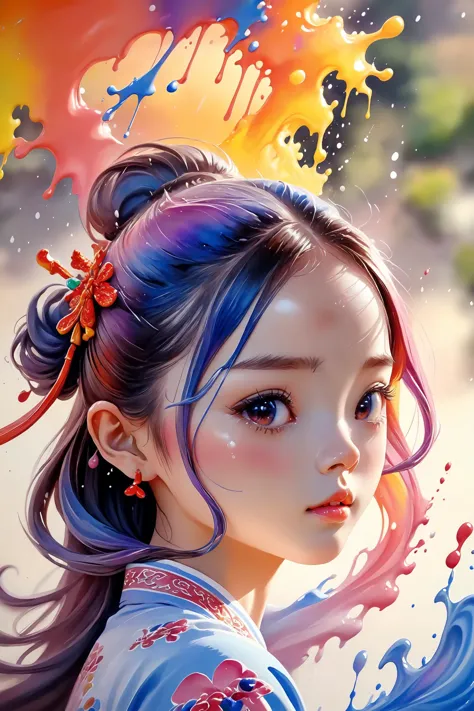 Colorful, multiple colors, intricate detail, splash screen, photorealistic, intricately detailed fluid gouache painting, calligraphy, acrylic, watercolor art,
masterpiece, best quality, 1girl,  <lora:kwFemale_Beta40-SDXL_v1:1>, chinese,waifu