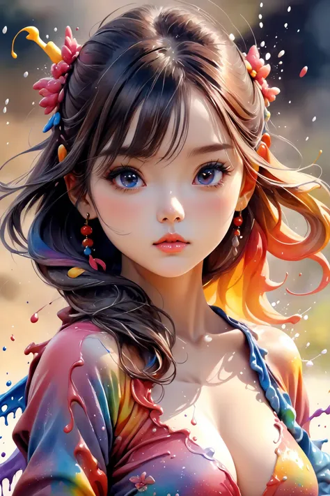 Colorful, multiple colors, intricate detail, splash screen, photorealistic, intricately detailed fluid gouache painting, calligraphy, acrylic, watercolor art,
masterpiece, best quality, 1girl,  <lora:kwFemale_Beta40-SDXL_v1:1>, chinese,cleavage