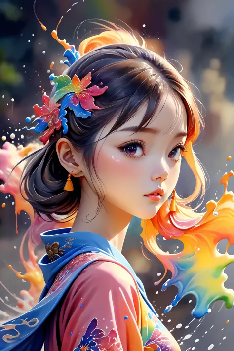 Colorful, multiple colors, intricate detail, splash screen, photorealistic, intricately detailed fluid gouache painting, calligraphy, acrylic, watercolor art,
masterpiece, best quality, 1girl,  <lora:kwFemale_Beta40-SDXL_v1:1>, chinese