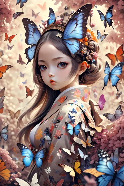 a woman with butterflies in her hair and a kimono