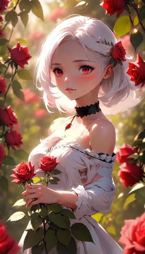 depth of field, masterpiece, best quality, 1girl, solo, white hair, looking at viewer, red eyes, upper body, white shirt, breasts, off-shoulder shirt,a lot of rose, leaf, blurry foreground, choker, sunlight