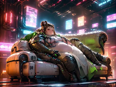 cyberpunk style, advertising poster style, Jabba_the_Hutt \(Star_War\) lying on a lounge couch, watching other people dancing in the dance floor of cyberpunk 2077 nightclub, natural light, Adobe Light front view, solo, sfw, (lying pose:1.2), Professional, ...