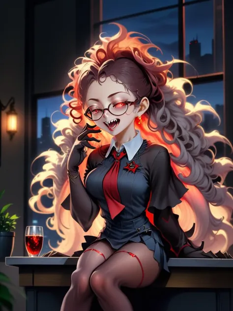 anime artwork of a lewd vampire lady with long messy hair, red glowing eyes, wearing glasses and tight skirt with pantyhose, nose blush, half-closed eyes, open mouth, spreading legs,  sitting on desk in dark office room, window wall showing cityscape outsi...