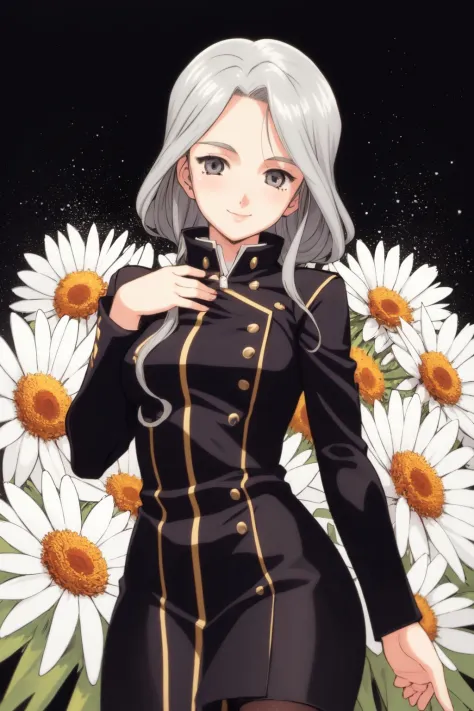 cowboy shot,  solo, 1girl, looking down, smile, blush, medium breasts, grey hair, hair intakes, light grey eyes, beautiful detailed face, ultra detailed eyes, black peacoat, glitter particles, Strawflower \(flower\), floral background 