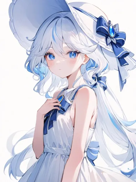 ultra-detailed,(best quality),((masterpiece)),(highres),original,extremely,funingna,1girl,hat,blue eyes,dress,solo,white dress,looking at viewer,white headwear,closed mouth,long hair,fu hua,ribbon,sleeveless,sleeveless dress,border,bare shoulders,sundress,white background,bow,hand on headwear,sun hat,