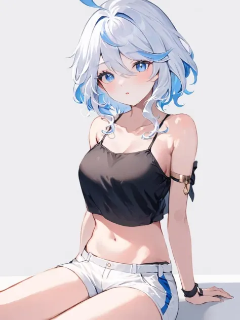 ultra-detailed,(best quality),((masterpiece)),(highres),original,extremely,funingna, 1girl, breasts, crop top, solo, looking at viewer, blue eyes, white shorts, shirt, long hair, cleavage, shorts, bare shoulders, thigh strap, black shirt, midriff, sitting, sleeveless, sleeveless shirt, thighs, parted lips, collarbone, medium breasts, short shorts, white background, white shirt, off shoulder