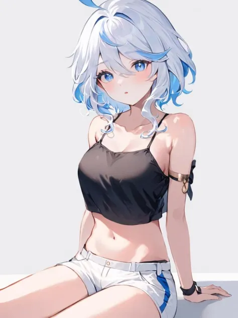 ultra-detailed,(best quality),((masterpiece)),(highres),original,extremely,<lora:shuishenx_xl:1>,funingna, 1girl, breasts, crop top, solo, looking at viewer, blue eyes, white shorts, shirt, long hair, cleavage, shorts, bare shoulders, thigh strap, black shirt, midriff, sitting, sleeveless, sleeveless shirt, thighs, parted lips, collarbone, medium breasts, short shorts, white background, white shirt, off shoulder