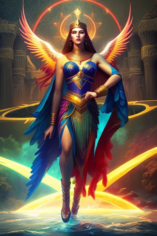 Isis la diosa del arco iris, mujer egipcia, Alas emplumadas de pavo real, vestido iridiscente largo y fluido, de pie en el borde del río Nilo, ojos rojos brillantes, Texturas cinemáticas de ojos, Hiper enfoque en los detalles faciales, mechones de cabello individuales, filtro de belleza, BREAK obra maestra ilustración retrato, cielos despejados después del fondo de lluvia, dispersión subsuperficial, Trazado de rayos, profundidad de campo, bokeh, colores vívidos, iluminación dura cinematográfica, sombras realistas,