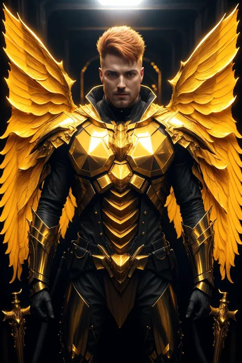 a man in armor with wings standing in front of a light