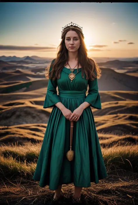 Color photo (Young 20 something Queen Elizabeth Alexandra Mary Windsor as Druid Queen in green dress)((outdoor druidic golden su...