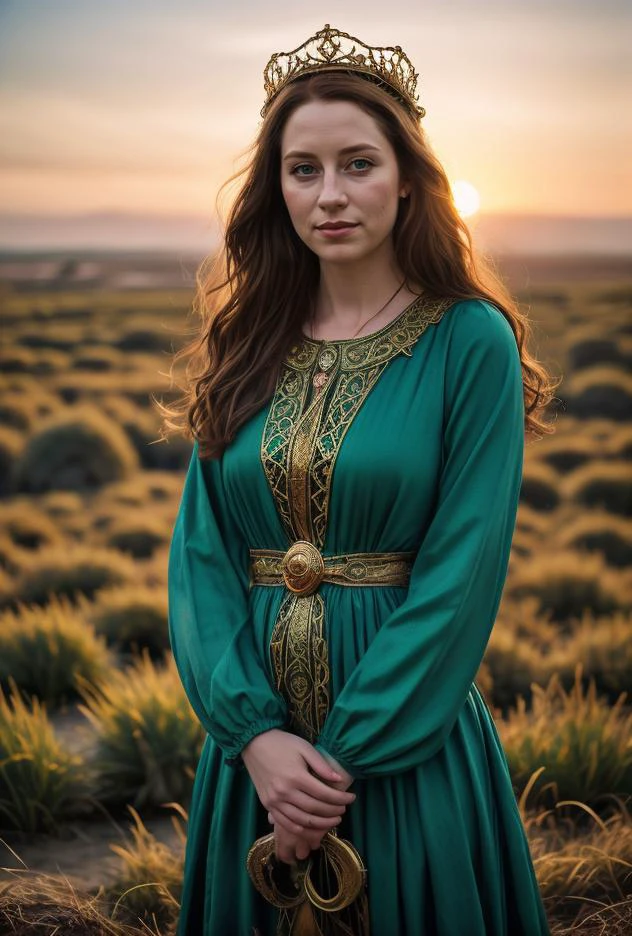 Color photo (Young 20 something Queen Elizabeth Alexandra Mary Windsor as Druid Queen in green dress)((outdoor druidic golden sunrise ceremony))BREAK((wickeeman))((dodge and burn, corner edge darken vignette))(exposure POP!!! hdr extremely intricate, Sharp focus, dramatic cinematic light, (8k textures, elegant, cinematic look)(breathtaking, insane details)Terra Carta
 epiC35mm
